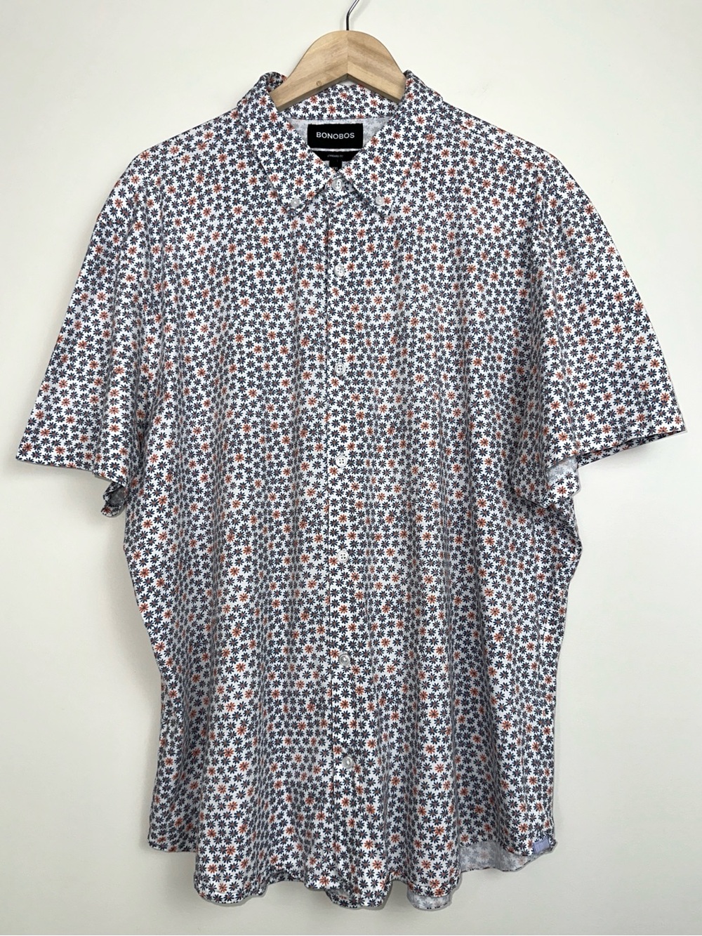BONOBOS Short Sleeve Stretch Cotton Knit Button-Down Shirt Micro Daisy Print